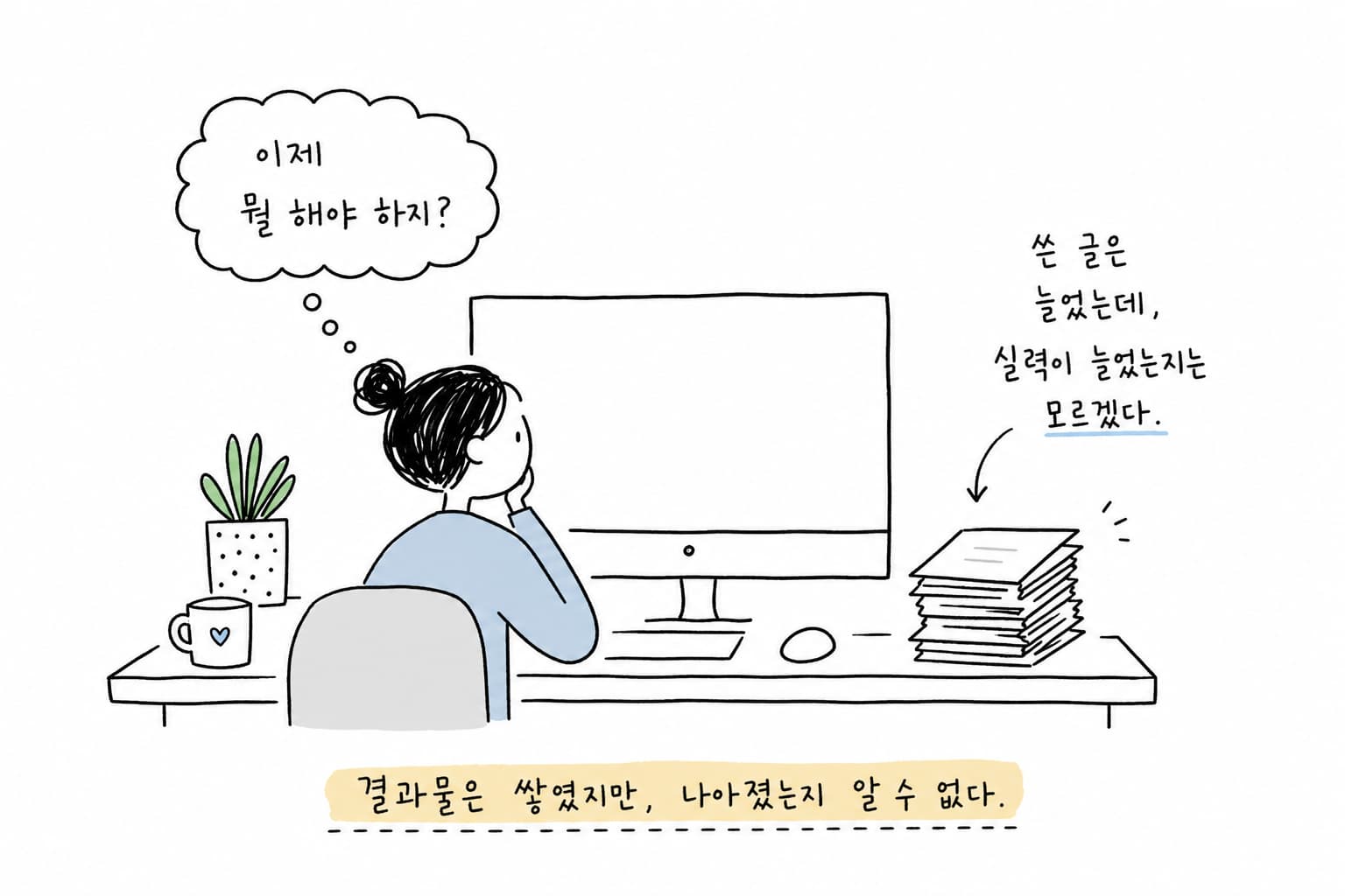 결과물은 쌓였지만, 나아졌는지 알 수 없다 — 프롤로그 실제 삽화